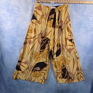 Mango Suit Floral Wide Leg Culotte Pants Yellow Navy Blue Wrap Tie Waist Small